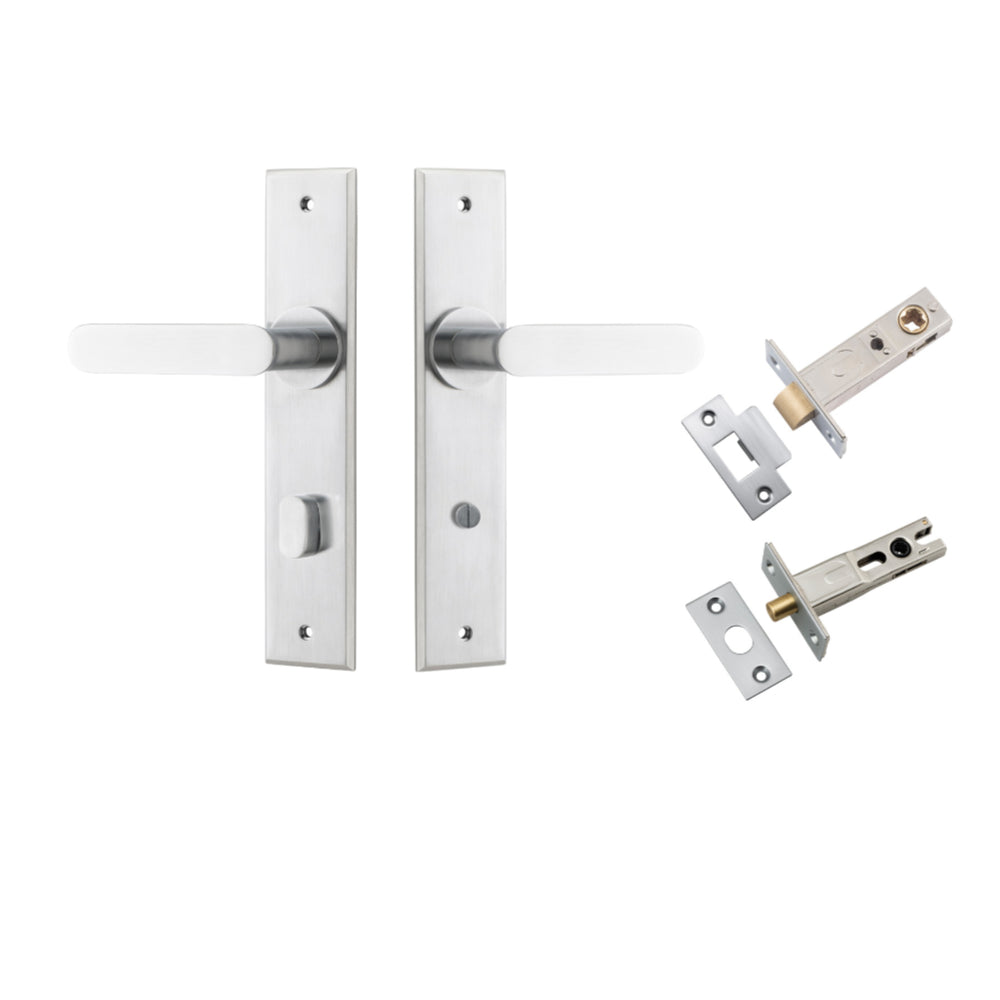 Door Lever Bronte Chamfered Privacy Brushed Chrome CTC85mm L117xP55mm BPH240xW50mm Privacy Kit, Tube Latch Split Cam 'T' Striker Brushed Chrome Backset 60mm, Privacy Bolt Round Bolt Brushed Chrome Backset 60mm in Brushed Chrome
