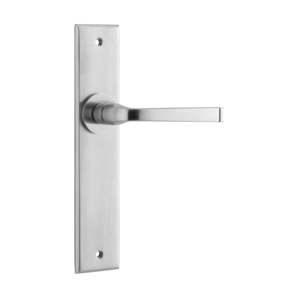 Door Lever Annecy Chamfered Latch Brushed Chrome H240xW50xP65mm in Brushed Chrome