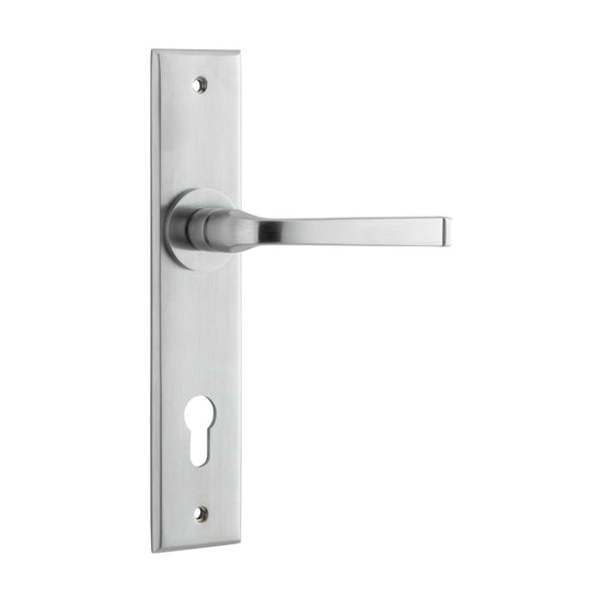 Door Lever Annecy Chamfered Euro Brushed Chrome CTC85mm H240xW50xP65mm in Brushed Chrome