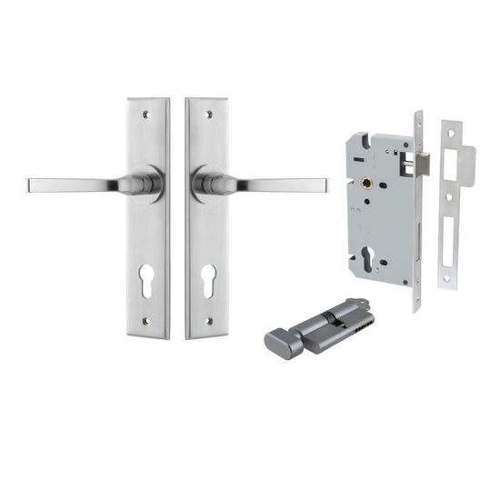 Door Lever Annecy Chamfered Euro Pair Brushed Chrome CTC85mm L117xP65mm BPH240xW50mm Mortice Lock Euro Brushed Chrome CTC85mm Backset 60mm, Euro Cylinder Key Thumb 5 Pin Brushed Chrome 65mm KA4 in Brushed Chrome