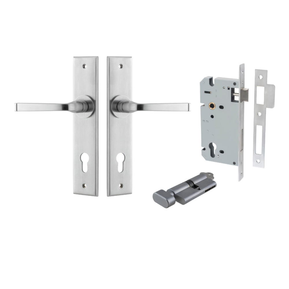 Door Lever Annecy Chamfered Euro Pair Brushed Chrome CTC85mm L117xP65mm BPH240xW50mm, Mortice Lock Euro Brushed Chrome CTC85mm Backset 60mm, Euro Cylinder Key Thumb 5 Pin Brushed Chrome 65mm KA4 in Brushed Chrome
