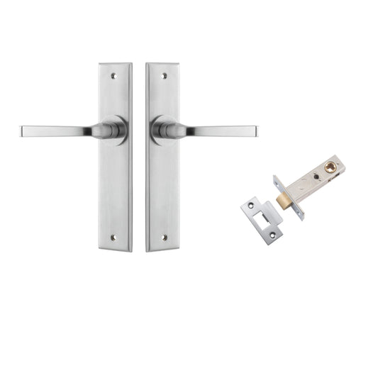 Door Lever Annecy Chamfered Brushed Chrome L117xP65mm BPH240xW50mm Passage Kit, Tube Latch Split Cam 'T' Striker Brushed Chrome Backset 60mm in Brushed Chrome