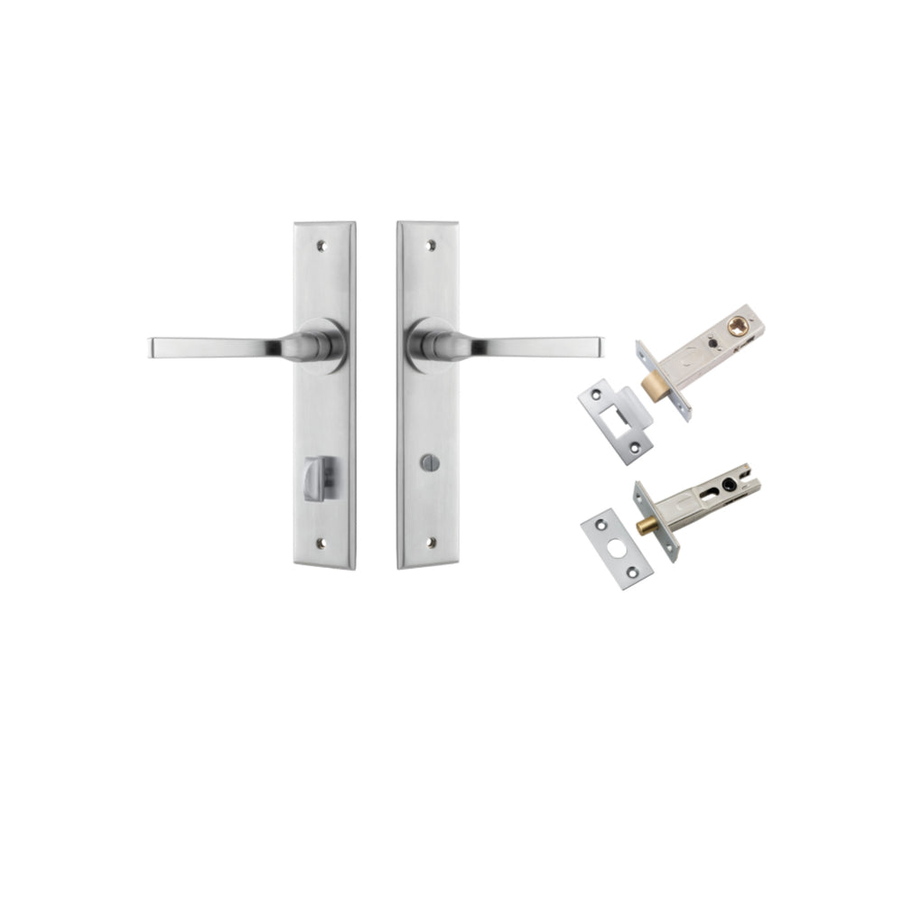 Pair of Iver Annecy lever door handles on chamfered backplates, featuring sleek, modern design in a polished finish.