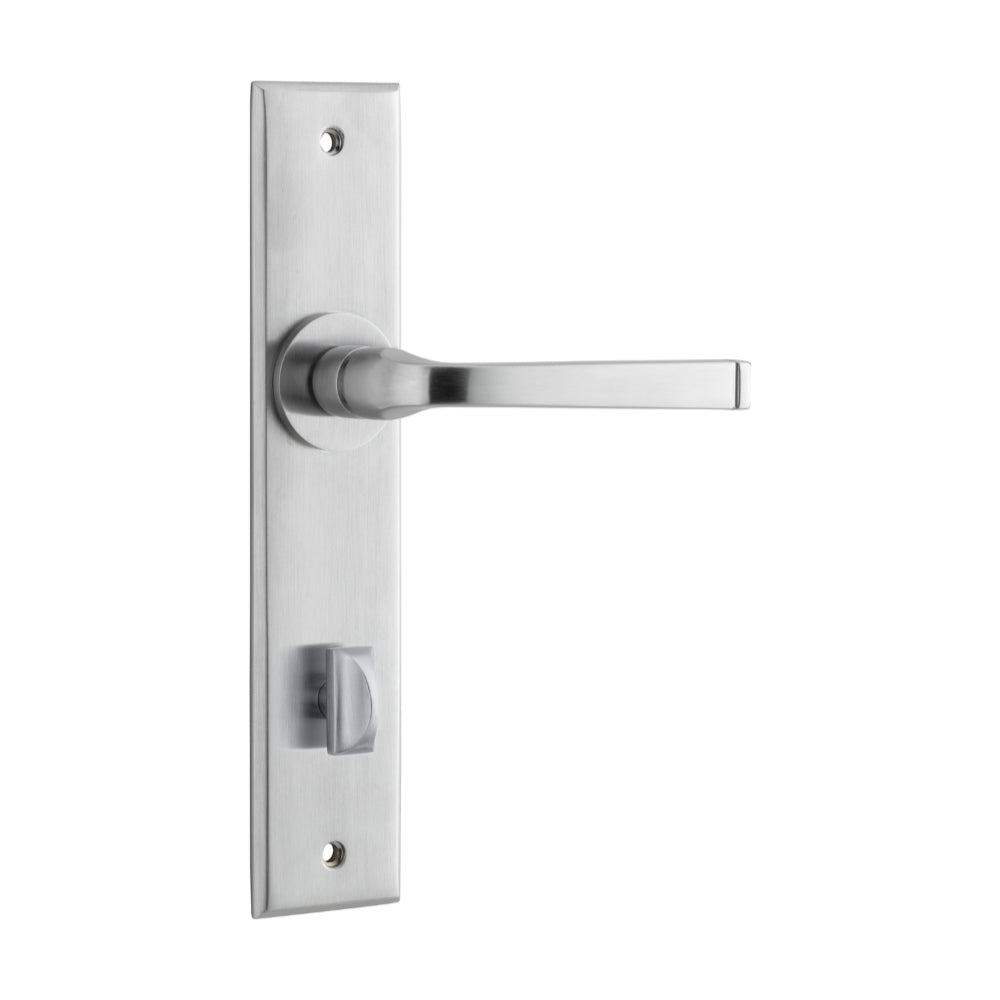 Pair of Iver Annecy lever door handles with chamfered backplates, showcasing their elegant design and brushed finish.