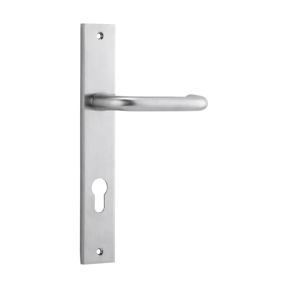 Pair of Iver Oslo Lever handles on rectangular backplates, architectural hardware with a sleek, modern design.