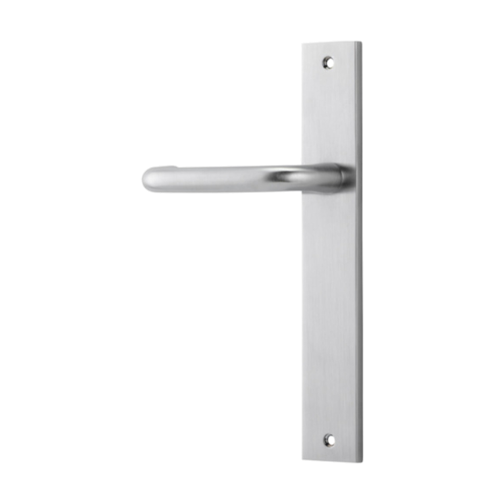 Pair of Iver Oslo Lever handles on rectangular backplates, architectural hardware for doors, shown in a natural metal finish.