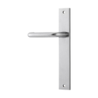 Pair of Iver Oslo Lever handles on rectangular backplates, architectural hardware for doors, shown in a natural metal finish.