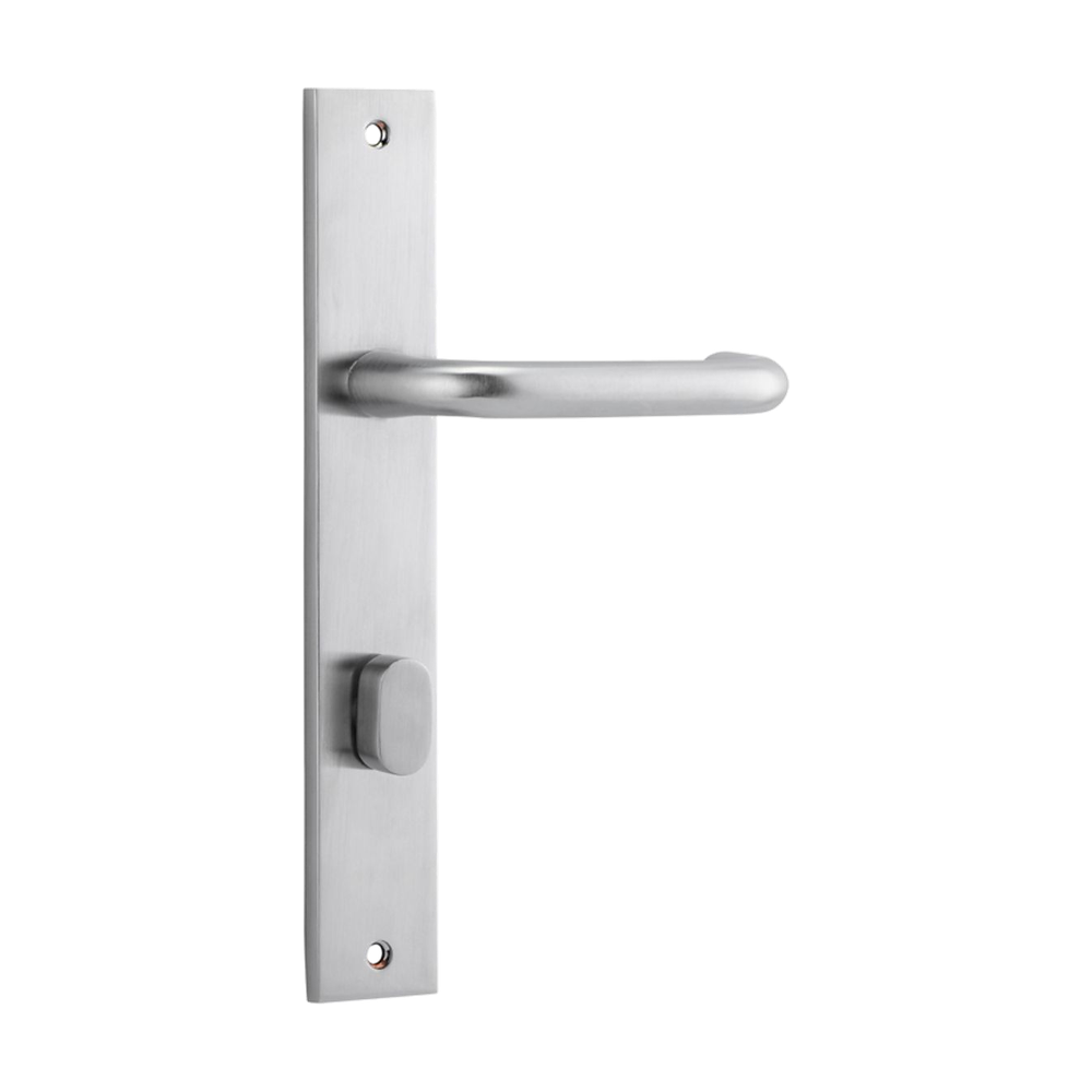 Pair of Iver Oslo Lever handles on rectangular backplates for architectural hardware, shown in a close-up view.