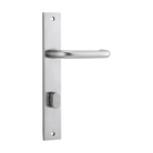 Pair of Iver Oslo Lever handles on rectangular backplates for architectural hardware, shown in a close-up view.
