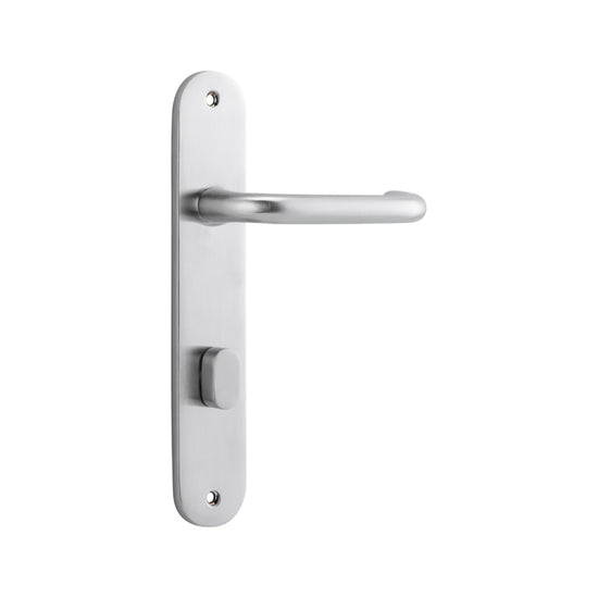 Door Lever Oslo Oval Privacy Brushed Chrome CTC85mm H230xW40xP57mm in Brushed Chrome