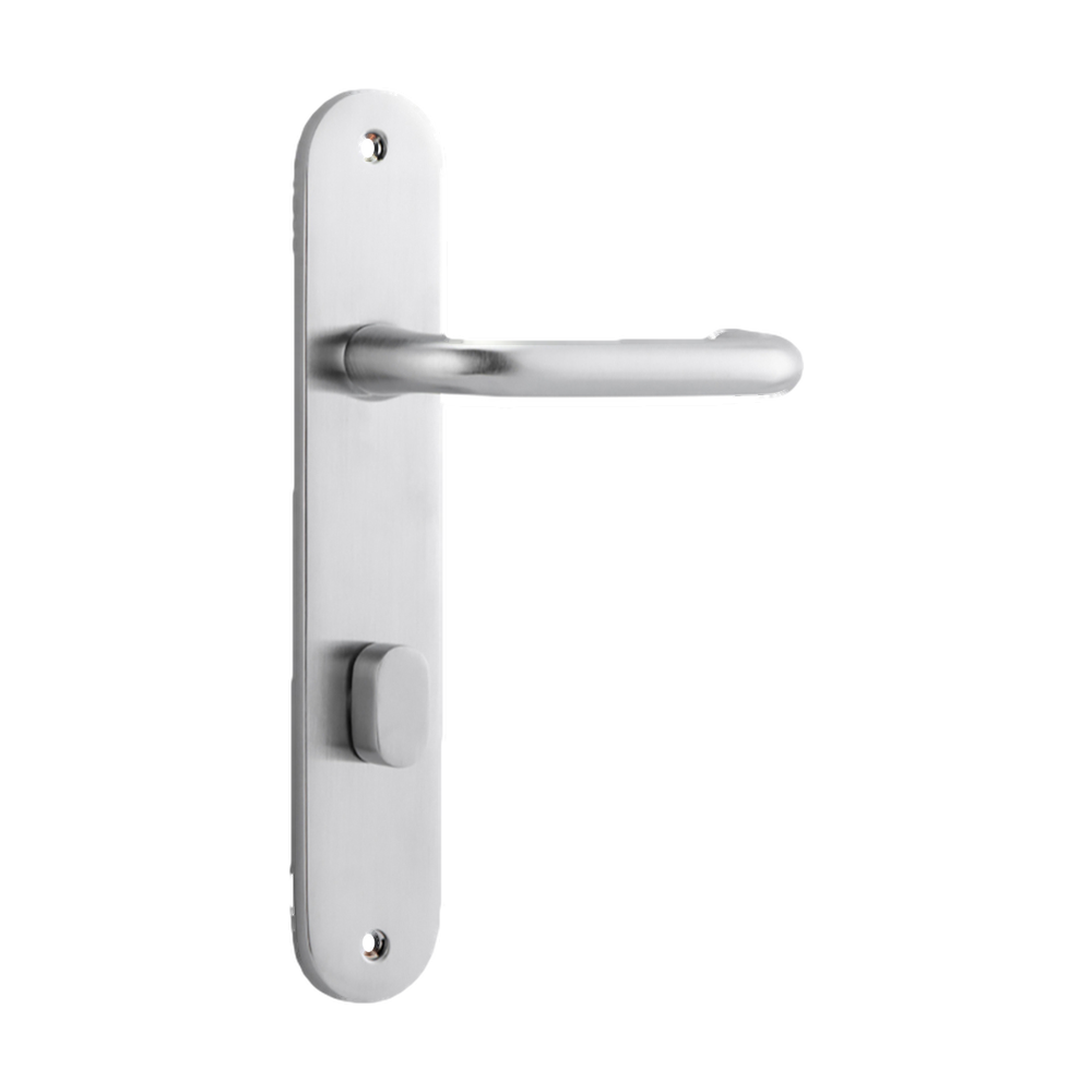 Door Lever Oslo Return Oval Privacy Brushed Chrome CTC85mm L118xP56mm BPH240xW50mm Privacy Kit Tube Latch Split Cam 'T' Striker Brushed Chrome Backset 60mm, Privacy Bolt Round Bolt Brushed Chrome Backset 60mm in Brushed Chrome
