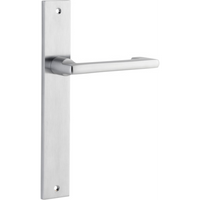 Pair of Iver Baltimore return levers on rectangular backplates, showcasing polished metal finish and modern door hardware design.