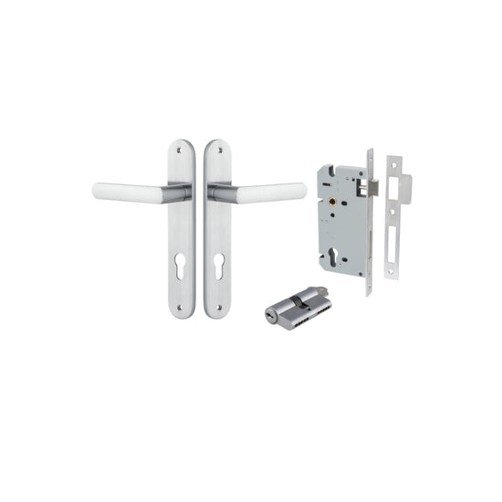 Door Lever Osaka Oval Euro Pair Brushed Chrome CTC85mm H240xW40xP55mm Entrance Kit Mortice Lock Euro Brushed Chrome CTC85mm Backset 60mm, Euro Cylinder Dual Function 5 Pin Brushed Chrome L65mm KA1 in Brushed Chrome