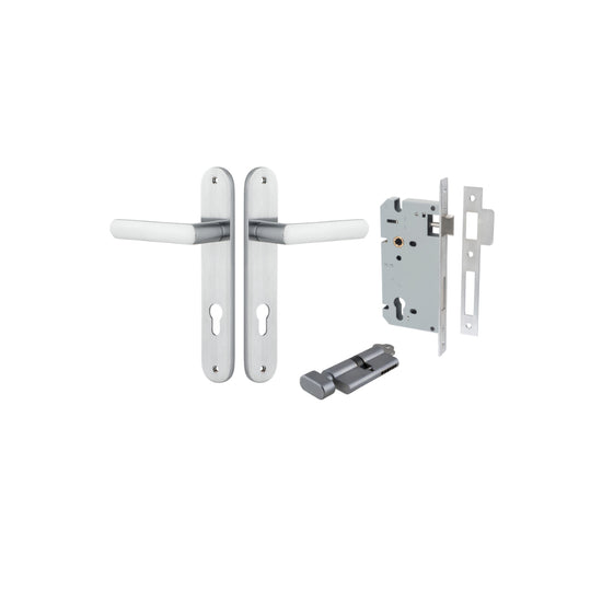 Door Lever Osaka Oval Euro Pair Brushed Chrome CTC85mm H240xW40xP55mm Entrance Kit Mortice Lock Euro Brushed Chrome CTC85mm Backset 60mm, Euro Cylinder Key Thumb 6 Pin Brushed Chrome L70mm KA1 in Brushed Chrome