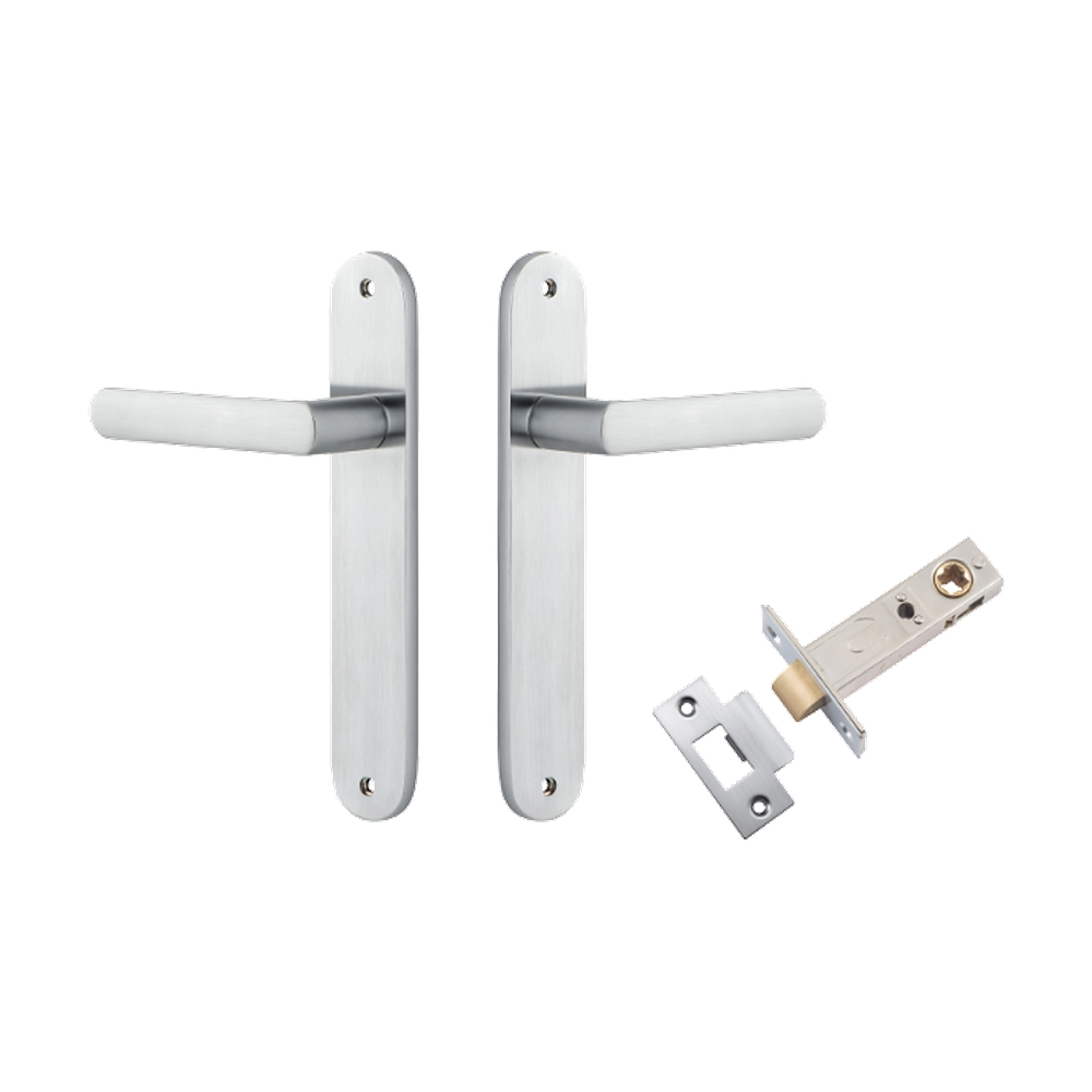 Door Lever Osaka Oval Latch Pair Brushed Chrome H240xW40xP55mm Passage Kit Tube Latch Split Cam 'T' Striker Brushed Chrome Backset 60mm in Brushed Chrome