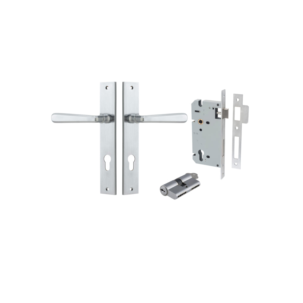 Door Lever Copenhagen Rectangular Euro Pair Brushed Chrome CTC85mm H240xW38xP61mm Entrance Kit, Mortice Lock Euro Brushed Chrome CTC85mm Backset 60mm, Euro Cylinder Dual Function 5 Pin Brushed Chrome L65mm KA1 in Brushed Chrome