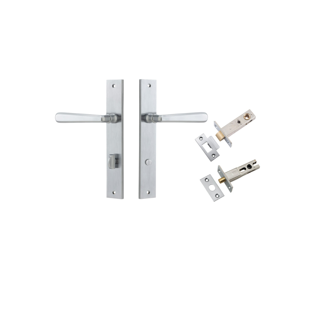 Door Lever Copenhagen Rectangular Privacy Pair Brushed Chrome CTC85mm H240xW38xP61mm Inbuilt Privacy Kit, Tube Latch Split Cam 'T' Striker Brushed Chrome Backset 60mm, Privacy Bolt Round Bolt Brushed Chrome Backset 60mm in Brushed Chrome