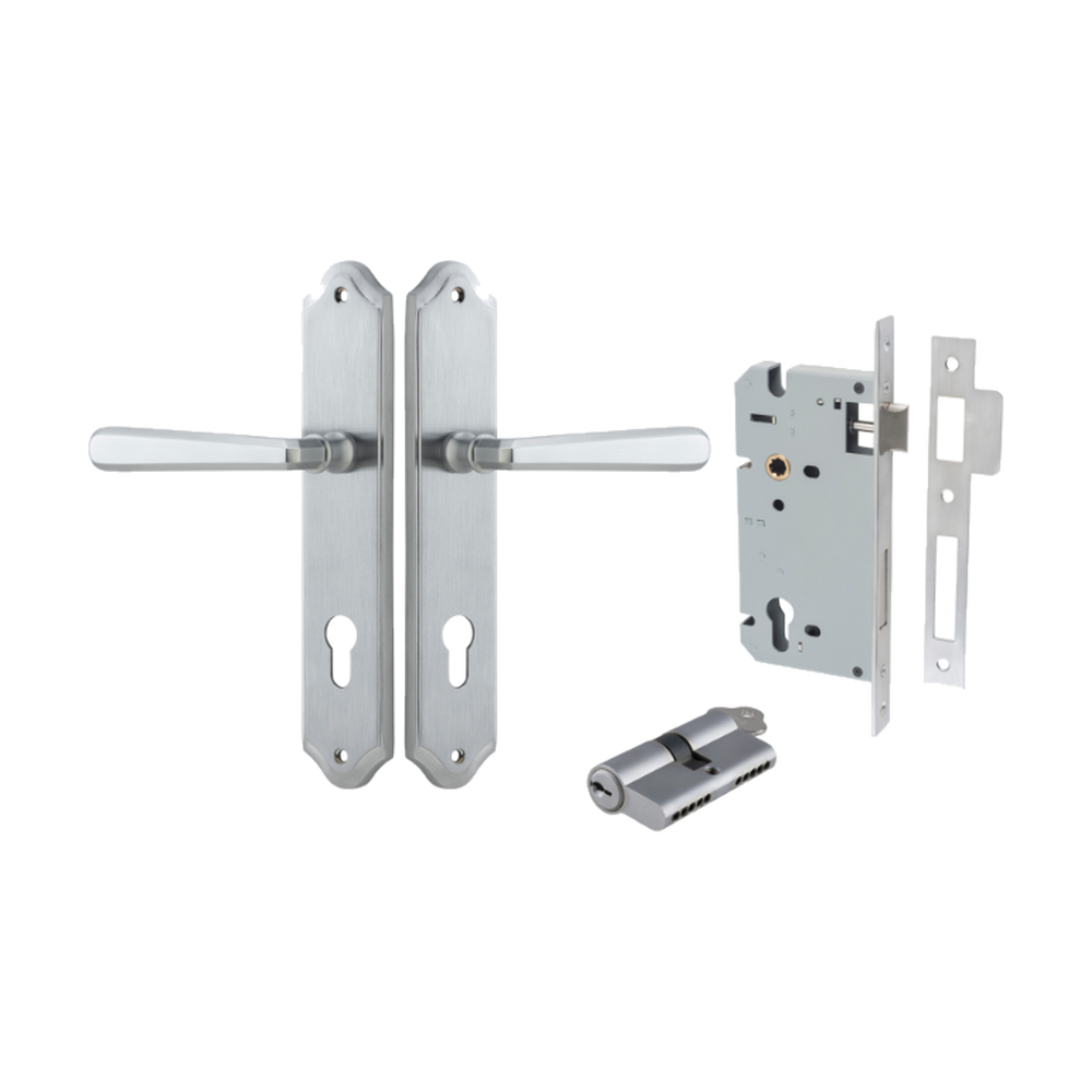 Door Lever Copenhagen Shouldered Euro Pair Brushed Chrome CTC85mm H250xW48xP61mm Entrance Kit Mortice Lock Euro Brushed Chrome CTC85mm Backset 60mm, Euro Cylinder Dual Function 5 Pin Brushed Chrome L65mm KA1 in Brushed Chrome
