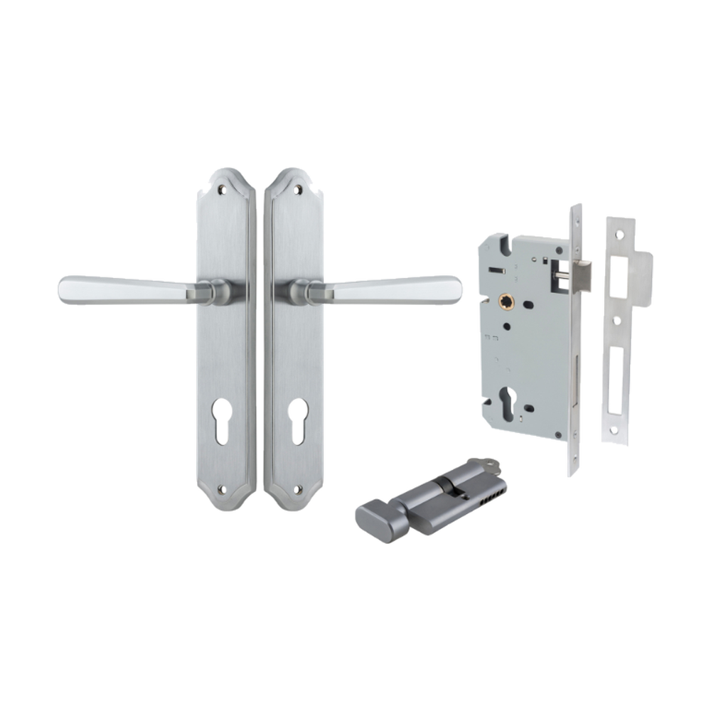 Door Lever Copenhagen Shouldered Euro Pair Brushed Chrome CTC85mm H250xW48xP61mm Entrance Kit Mortice Lock Euro Brushed Chrome CTC85mm Backset 60mm, Euro Cylinder Key Thumb 6 Pin Brushed Chrome L70mm KA1 in Brushed Chrome