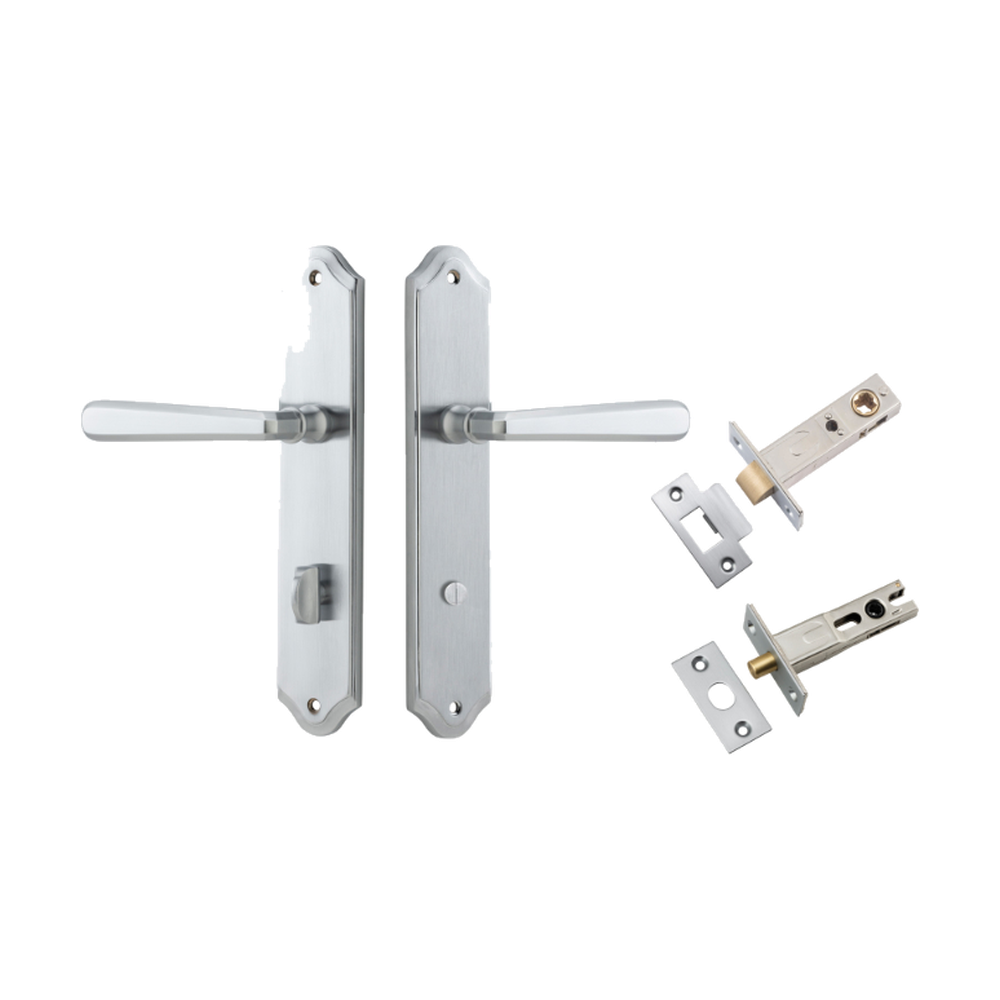 Door Lever Copenhagen Shouldered Privacy Pair Brushed Chrome CTC85mm H250xW48xP61mm Inbuilt Privacy Kit Tube Latch Split Cam 'T' Striker Brushed Chrome Backset 60mm, Privacy Bolt Round Bolt Brushed Chrome Backset 60mm in Brushed Chrome