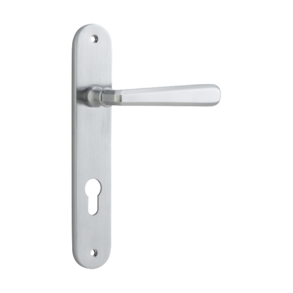 Door Lever Copenhagen Oval Euro Pair Brushed Chrome CTC85mm H240xW40xP61mm in Brushed Chrome