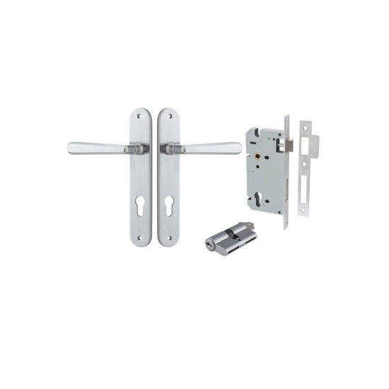Door Lever Copenhagen Oval Euro Pair Brushed Chrome CTC85mm H240xW40xP61mm Entrance Kit Mortice Lock Euro Brushed Chrome CTC85mm Backset 60mm, Euro Cylinder Dual Function 5 Pin Brushed Chrome L65mm KA1 in Brushed Chrome