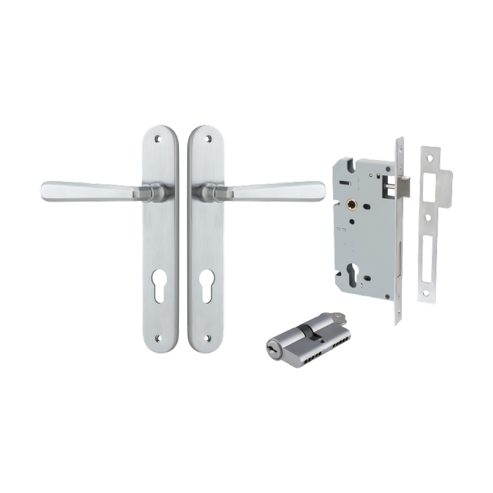 Door Lever Copenhagen Oval Euro Pair Brushed Chrome CTC85mm H240xW40xP61mm Entrance Kit Mortice Lock Euro Brushed Chrome CTC85mm Backset 60mm, Euro Cylinder Dual Function 5 Pin Brushed Chrome L65mm KA1 in Brushed Chrome