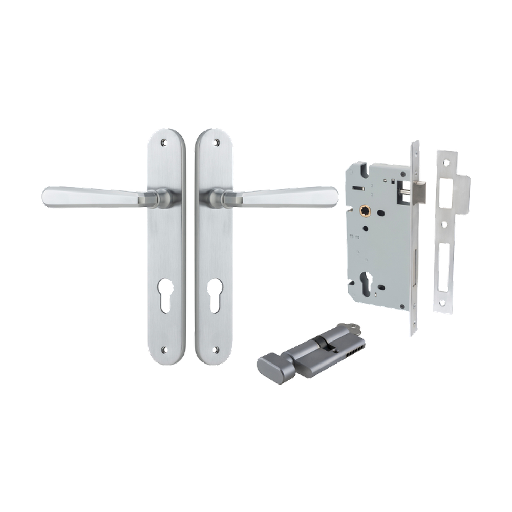 Door Lever Copenhagen Oval Euro Pair Brushed Chrome CTC85mm H240xW40xP61mm Entrance Kit Mortice Lock Euro Brushed Chrome CTC85mm Backset 60mm, Euro Cylinder Key Thumb 6 Pin Brushed Chrome L70mm KA1 in Brushed Chrome