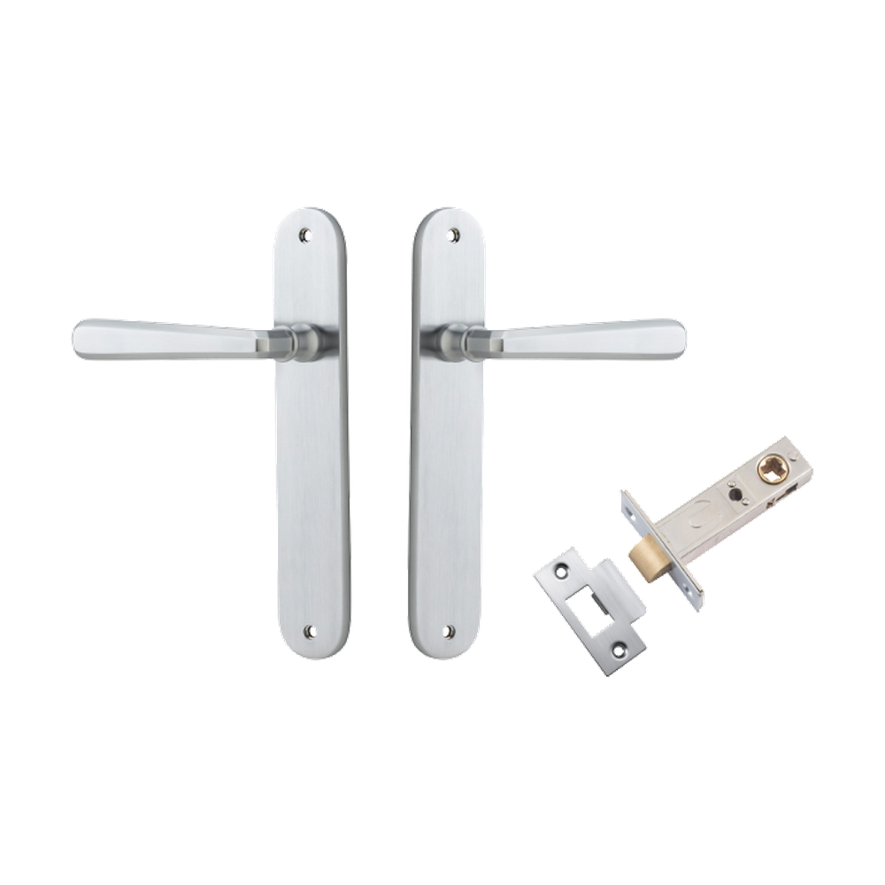 Door Lever Copenhagen Oval Latch Pair Brushed Chrome H240xW40xP61mm Passage Kit Tube Latch Split Cam 'T' Striker Brushed Chrome Backset 60mm in Brushed Chrome