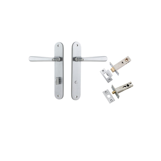Door Lever Copenhagen Oval Privacy Pair Brushed Chrome CTC85mm H240xW40xP61mm Inbuilt Privacy Kit Tube Latch Split Cam 'T' Striker Brushed Chrome Backset 60mm, Privacy Bolt Round Bolt Brushed Chrome Backset 60mm in Brushed Chrome