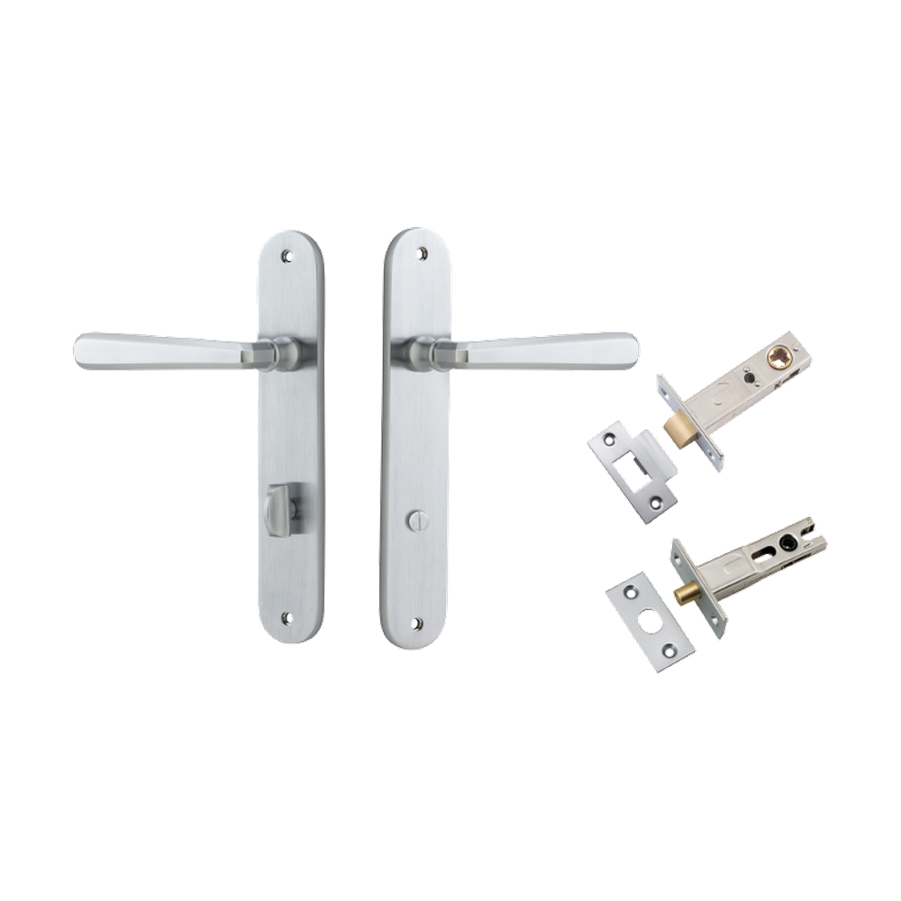 Door Lever Copenhagen Oval Privacy Pair Brushed Chrome CTC85mm H240xW40xP61mm Inbuilt Privacy Kit Tube Latch Split Cam 'T' Striker Brushed Chrome Backset 60mm, Privacy Bolt Round Bolt Brushed Chrome Backset 60mm in Brushed Chrome