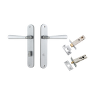 Door Lever Copenhagen Oval Privacy Pair Brushed Chrome CTC85mm H240xW40xP61mm Inbuilt Privacy Kit Tube Latch Split Cam 'T' Striker Brushed Chrome Backset 60mm, Privacy Bolt Round Bolt Brushed Chrome Backset 60mm in Brushed Chrome