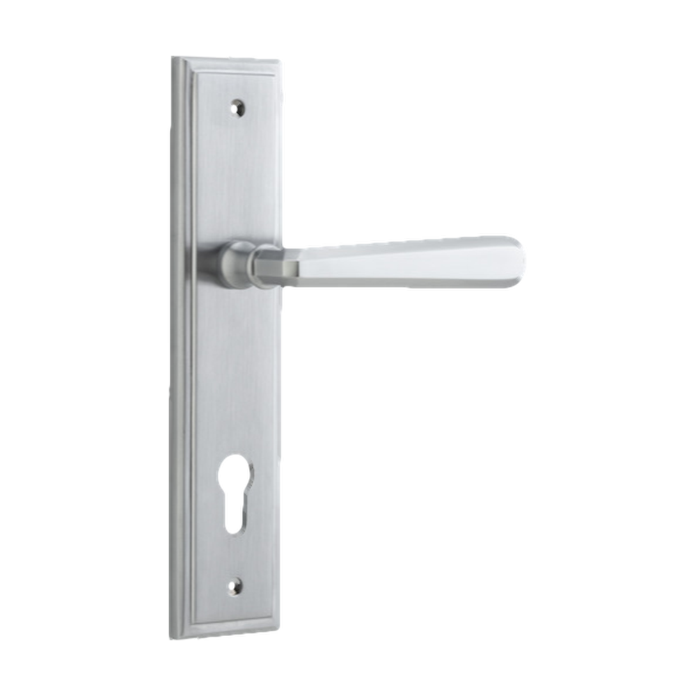 Door Lever Copenhagen Stepped Euro Pair Brushed Chrome CTC85mm H237xW50xP61mm in Brushed Chrome