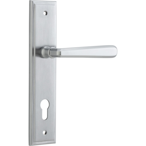 Door Lever Copenhagen Stepped Euro Pair Brushed Chrome CTC85mm H237xW50xP61mm in Brushed Chrome