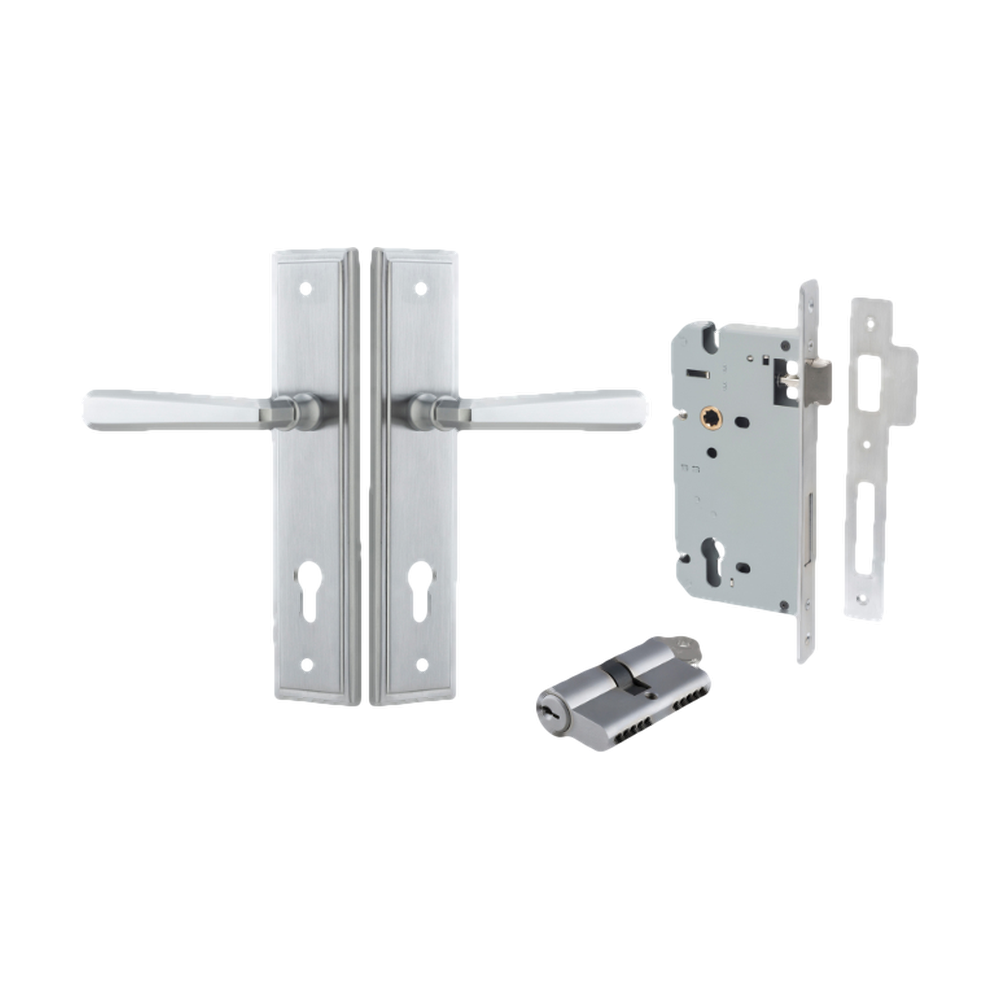 Door Lever Copenhagen Stepped Euro Pair Brushed Chrome CTC85mm H237xW50xP61mm Entrance Kit Mortice Lock Euro Brushed Chrome CTC85mm Backset 60mm, Euro Cylinder Dual Function 5 Pin Brushed Chrome L65mm KA1 in Brushed Chrome
