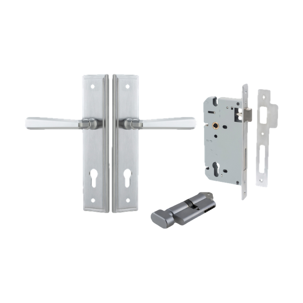 Door Lever Copenhagen Stepped Euro Pair Brushed Chrome CTC85mm H237xW50xP61mm Entrance Kit Mortice Lock Euro Brushed Chrome CTC85mm Backset 60mm, Euro Cylinder Key Thumb 6 Pin Brushed Chrome L70mm KA1 in Brushed Chrome