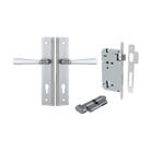 Pair of Iver Copenhagen lever handles on stepped backplates, architectural hardware for doors, in a modern, sleek design.