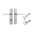 Pair of Iver Copenhagen architectural hardware levers with stepped backplates, showcasing sleek, modern door handle design.