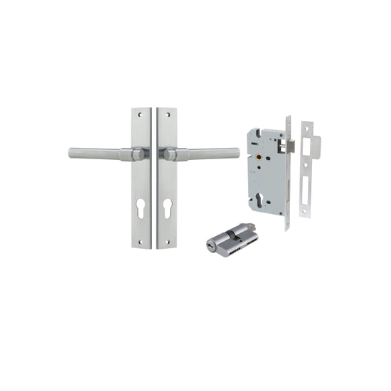 Door Lever Helsinki Rectangular Euro Pair Brushed Chrome CTC85mm H240xW38xP44mm Entrance Kit, Mortice Lock Euro Brushed Chrome CTC85mm Backset 60mm, Euro Cylinder Dual Function 5 Pin Brushed Chrome L65mm KA1 in Brushed Chrome