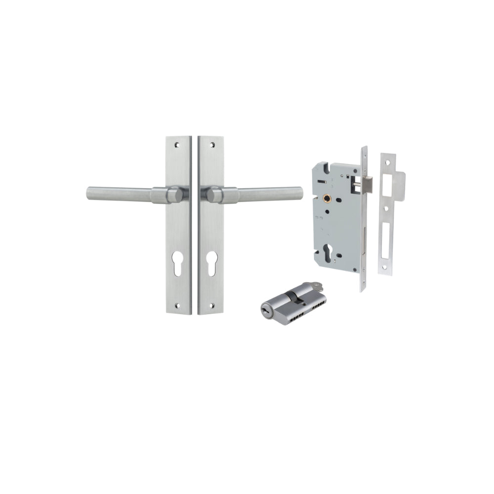 Door Lever Helsinki Rectangular Euro Pair Brushed Chrome CTC85mm H240xW38xP44mm Entrance Kit, Mortice Lock Euro Brushed Chrome CTC85mm Backset 60mm, Euro Cylinder Dual Function 5 Pin Brushed Chrome L65mm KA1 in Brushed Chrome