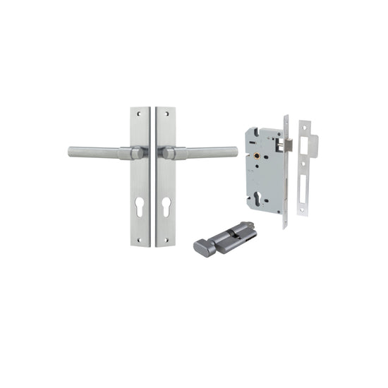 Door Lever Helsinki Rectangular Euro Pair Brushed Chrome CTC85mm H240xW38xP44mm Entrance Kit, Mortice Lock Euro Brushed Chrome CTC85mm Backset 60mm, Euro Cylinder Key Thumb 6 Pin Brushed Chrome L70mm KA1 in Brushed Chrome