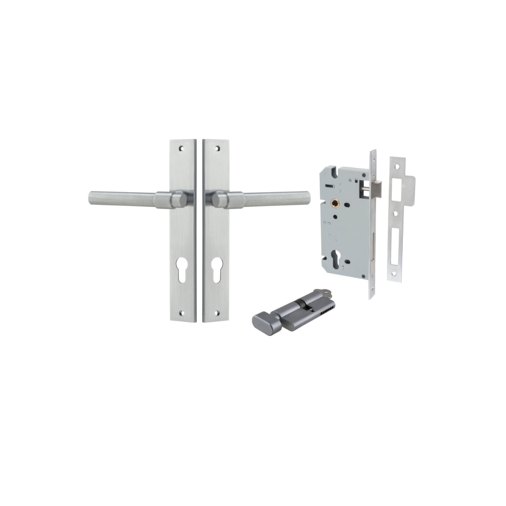 Door Lever Helsinki Rectangular Euro Pair Brushed Chrome CTC85mm H240xW38xP44mm Entrance Kit, Mortice Lock Euro Brushed Chrome CTC85mm Backset 60mm, Euro Cylinder Key Thumb 6 Pin Brushed Chrome L70mm KA1 in Brushed Chrome