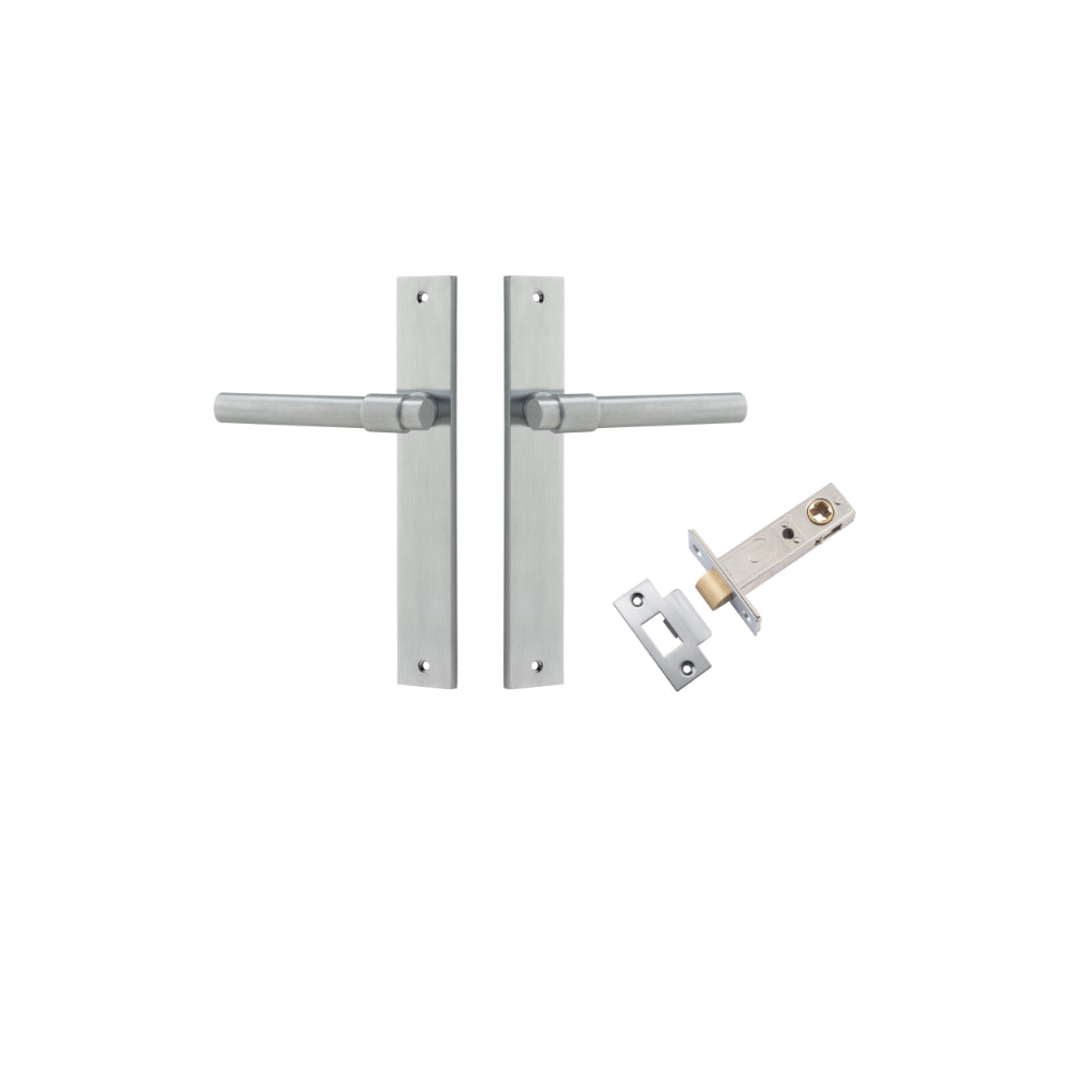 Door Lever Helsinki Rectangular Latch Pair Brushed Chrome H240xW38xP44mm Passage Kit, Tube Latch Split Cam 'T' Striker Brushed Chrome Backset 60mm in Brushed Chrome