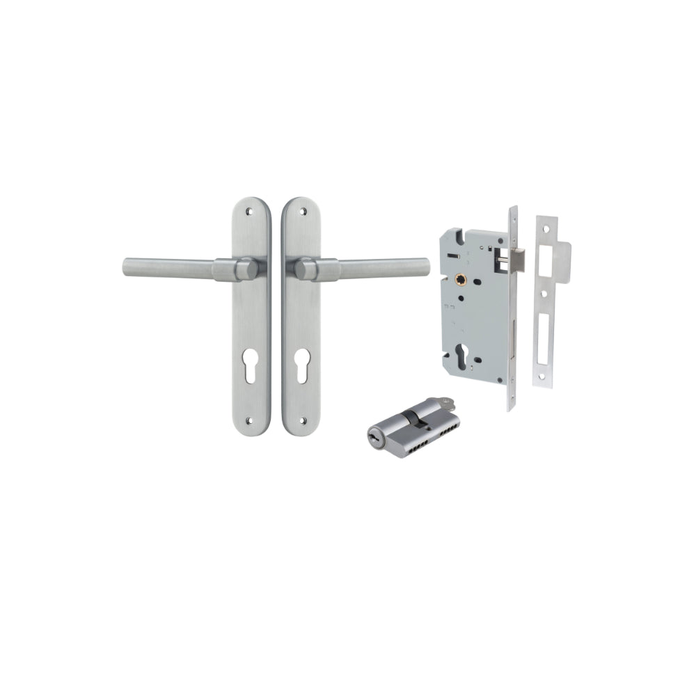 Door Lever Helsinki Oval Euro Pair Brushed Chrome CTC85mm H240xW40xP44mm Entrance Kit Mortice Lock Euro Brushed Chrome CTC85mm Backset 60mm, Euro Cylinder Dual Function 5 Pin Brushed Chrome L65mm KA1 in Brushed Chrome