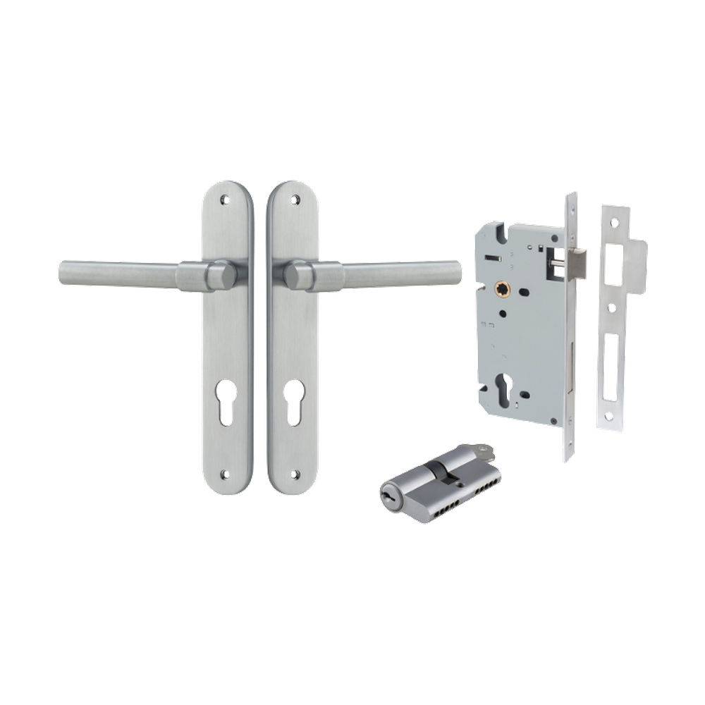 Door Lever Helsinki Oval Euro Pair Brushed Chrome CTC85mm H240xW40xP44mm Entrance Kit Mortice Lock Euro Brushed Chrome CTC85mm Backset 60mm, Euro Cylinder Dual Function 5 Pin Brushed Chrome L65mm KA1 in Brushed Chrome