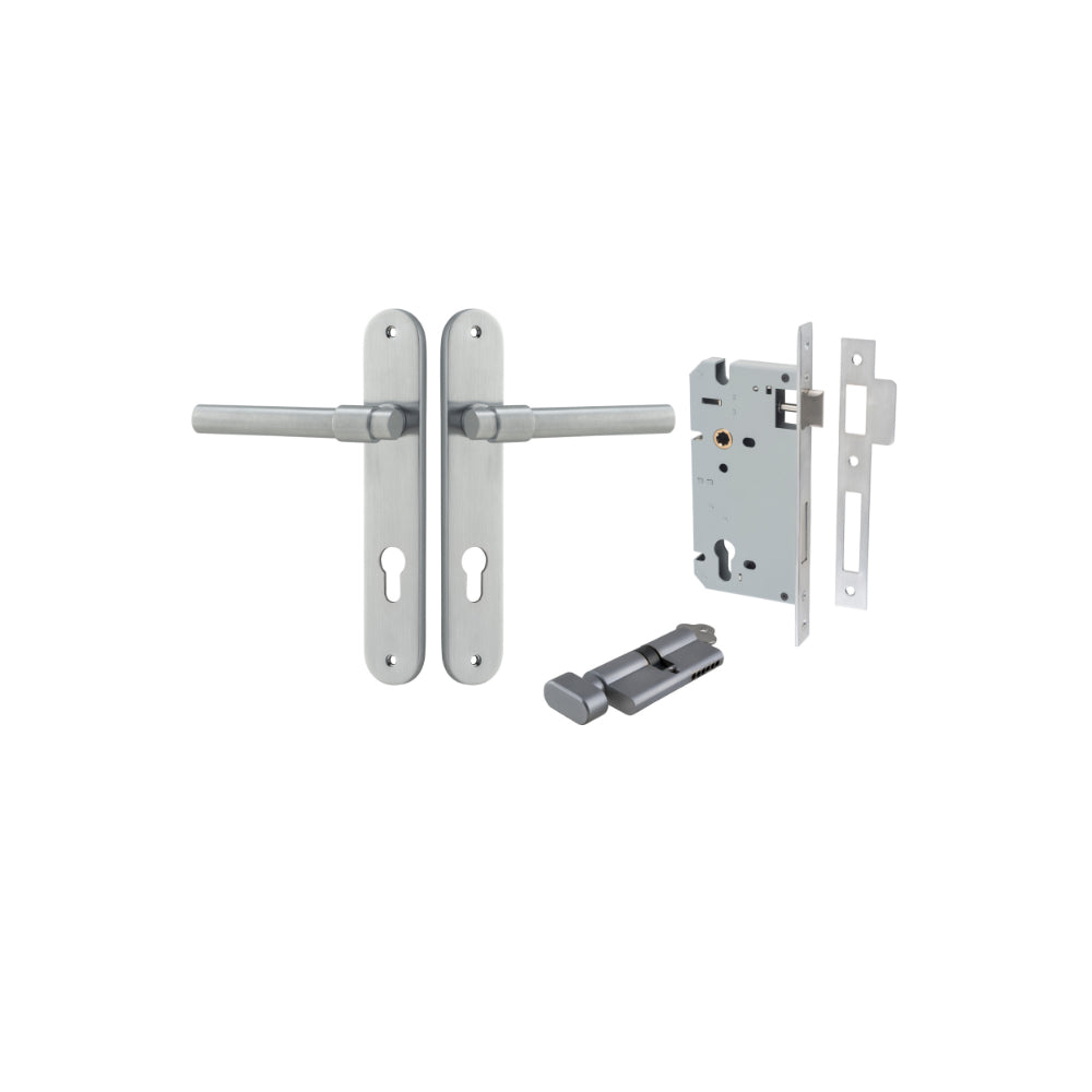 Door Lever Helsinki Oval Euro Pair Brushed Chrome CTC85mm H240xW40xP44mm Entrance Kit Mortice Lock Euro Brushed Chrome CTC85mm Backset 60mm, Euro Cylinder Key Thumb 6 Pin Brushed Chrome L70mm KA1 in Brushed Chrome