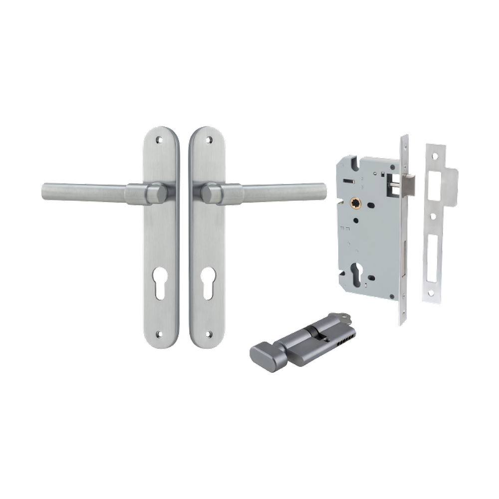 Door Lever Helsinki Oval Euro Pair Brushed Chrome CTC85mm H240xW40xP44mm Entrance Kit Mortice Lock Euro Brushed Chrome CTC85mm Backset 60mm, Euro Cylinder Key Thumb 6 Pin Brushed Chrome L70mm KA1 in Brushed Chrome