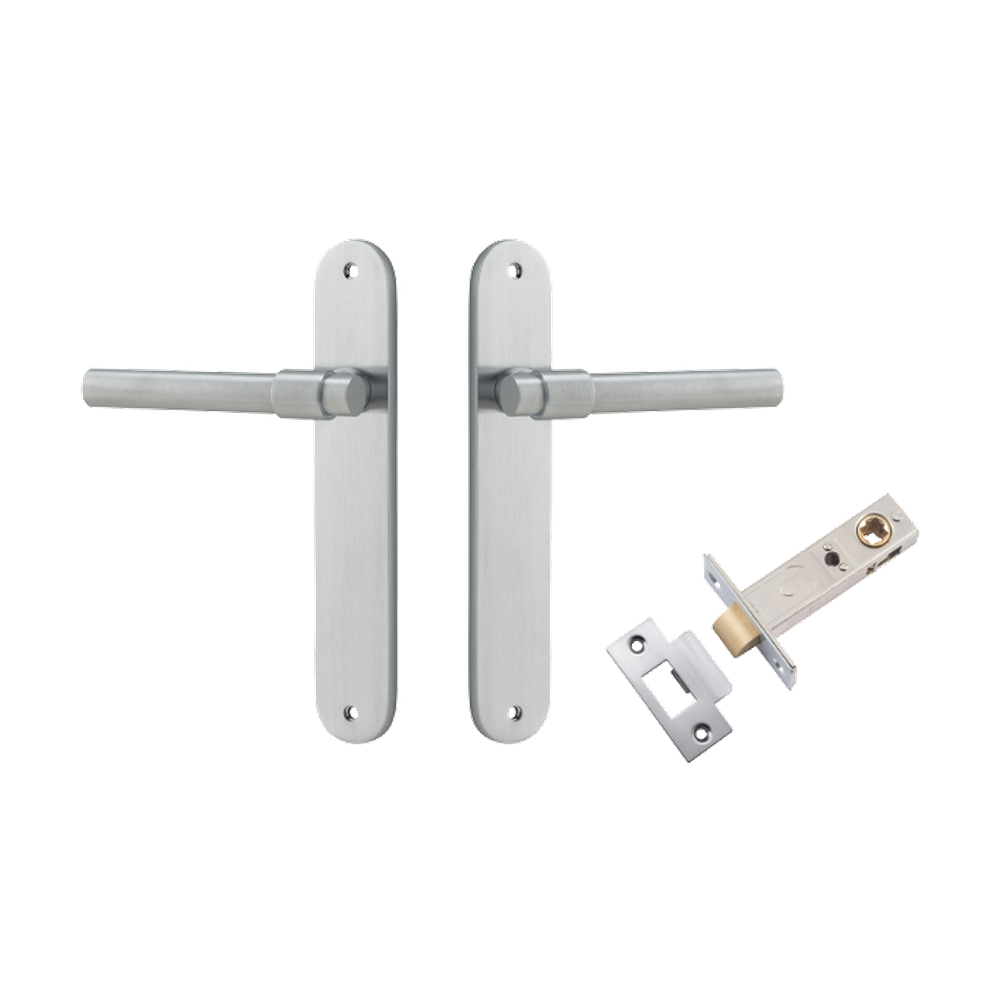Door Lever Helsinki Oval Latch Pair Brushed Chrome H240xW40xP44mm Passage Kit Tube Latch Split Cam 'T' Striker Brushed Chrome Backset 60mm in Brushed Chrome