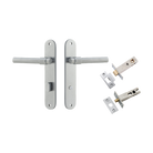 Door Lever Helsinki Oval Privacy Pair Brushed Chrome CTC85mm H240xW40xP44mm Privacy Kit Tube Latch Split Cam 'T' Striker Brushed Chrome Backset 60mm, Privacy Bolt Round Bolt Brushed Chrome Backset 60mm in Brushed Chrome
