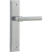 Pair of Iver Helsinki lever door handles on stepped backplates, featuring sleek modern design in a polished finish.